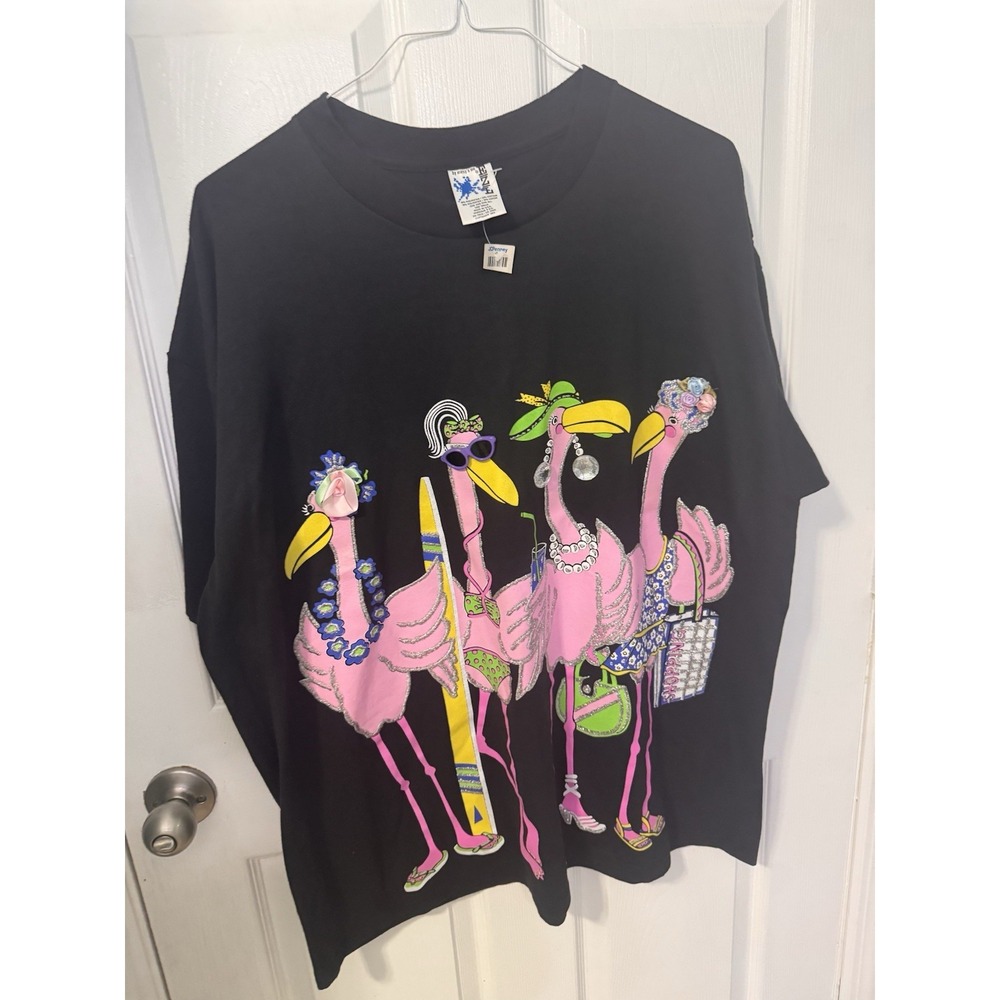 NWT VTG Marcy N Me Womens One Size Pink Flamingo Glitter Black T Shirt USA 90s